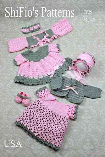 Crochet Pattern CP25 2 Dresses Shrug Cardigan Shoes Bonnet Headband 0 3mths USA Terminology